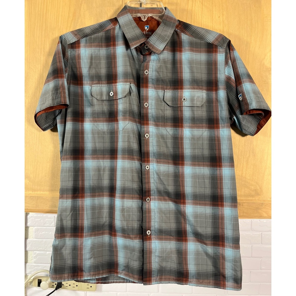 Kuhl Button Down Shirt Mens Medium Gray Blue Plaid Short Sleeve Outdoor Hiking